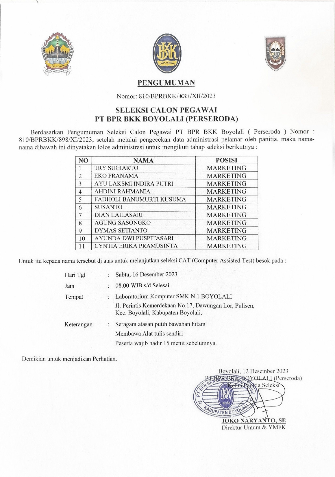 Pengumuman Hasil Seleksi Administrasi Calon Pegawai PT. BPR BKK Boyolali Tahun 2023